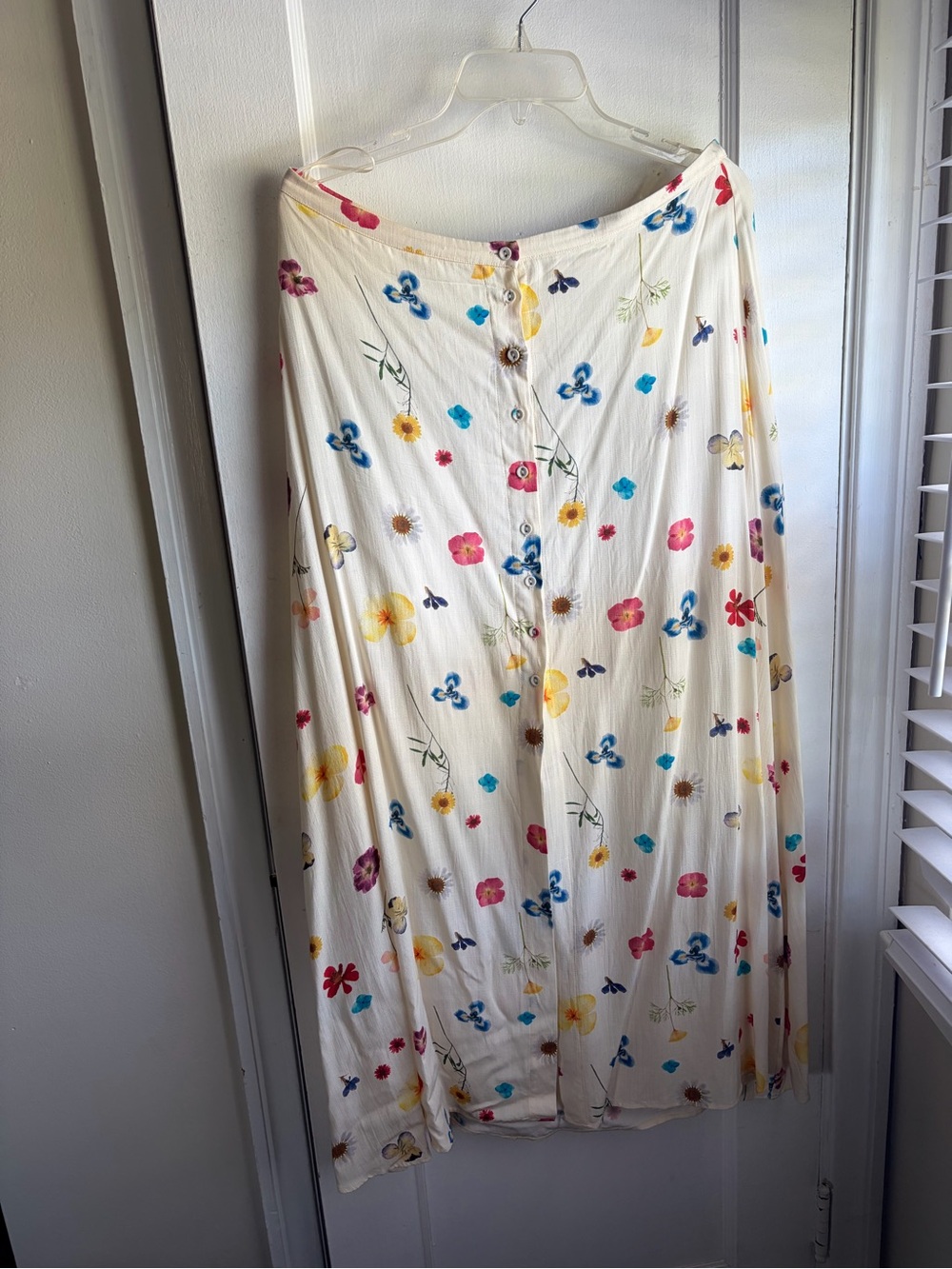 Cream Floral Midi Skirt with Front Buttons